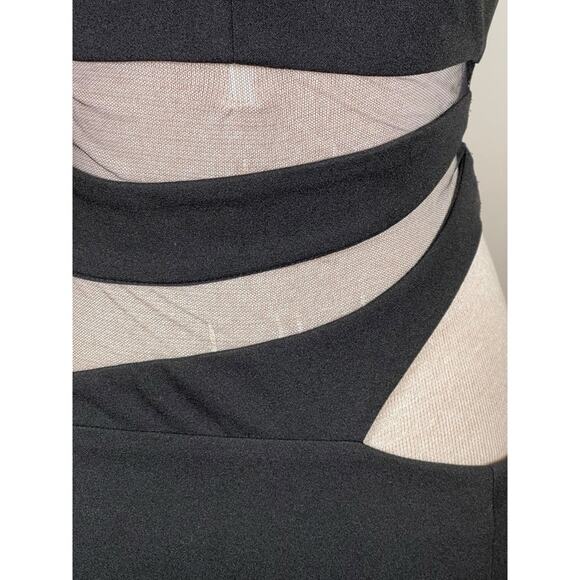 PatBO Spiral One Sleeve Black Illusion High Neck Asymmetric Mesh Mini Dress Sz 0 - Picture 11 of 14